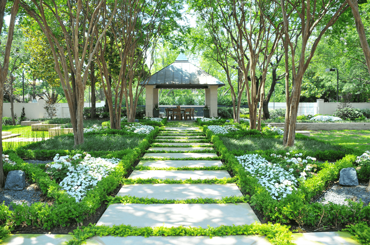 residential slab walkway perennials border plantings pergola shade trees