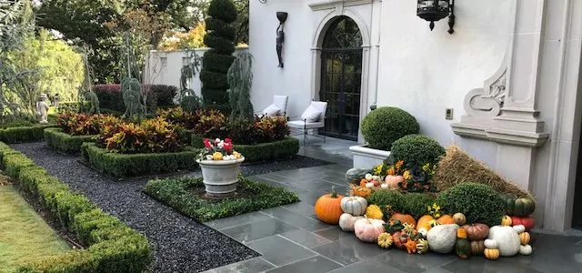 Make this fall festive with colorful pumpkins, fall flowers and other seasonal décor.